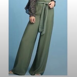 🌿 Anthropologie Maeve Wide-Leg Belted Trousers • Olive Green • Size 0